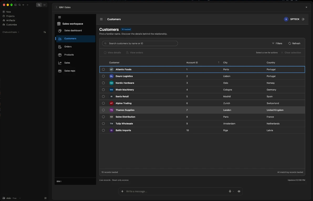 Customer list rendered in the IBM i Sales Workspace inside Claude Desktop