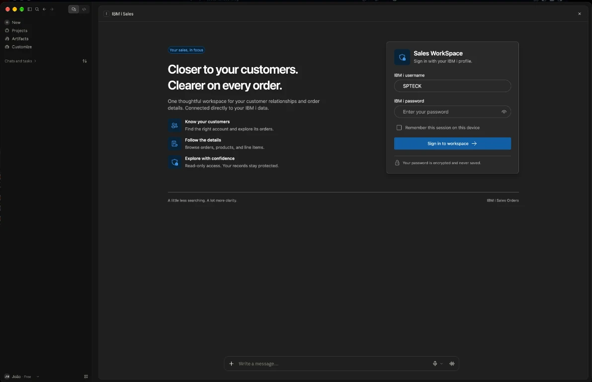 IBM i Sales Workspace sign-in screen rendered in Claude Desktop