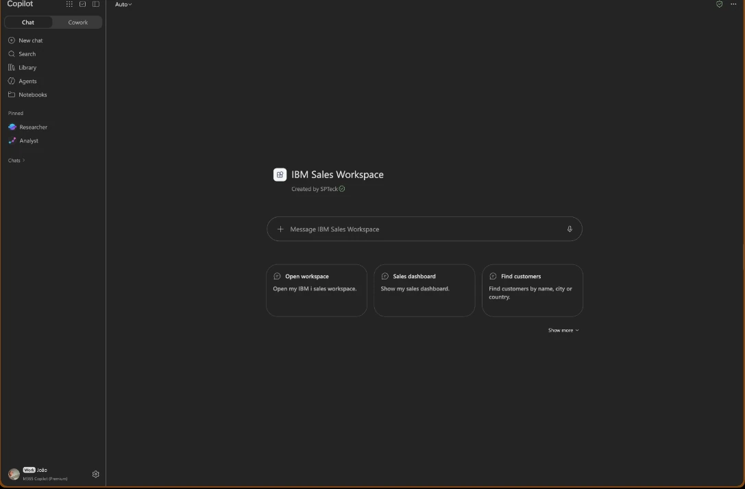 Microsoft Copilot agent entry screen for IBM Sales Workspace