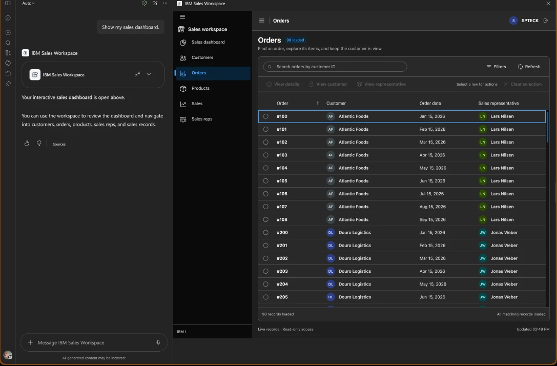 Orders displayed in the IBM i Sales Workspace inside Microsoft Copilot