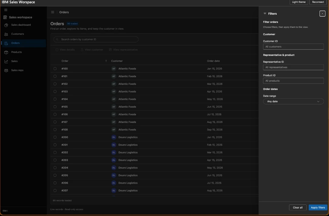 Order filters open beside the standalone IBM i Sales Workspace orders list