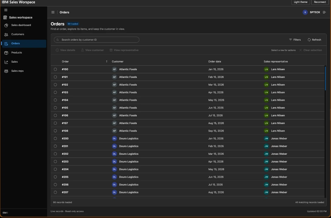 Orders list in the standalone IBM i Sales Workspace